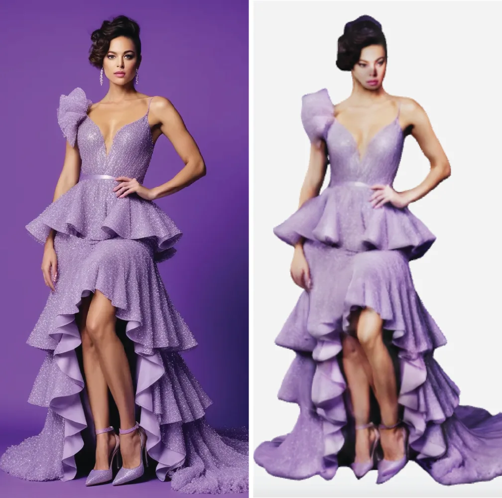 Model in a ruffled lavender high low gown shown on purple and plain white backgrounds