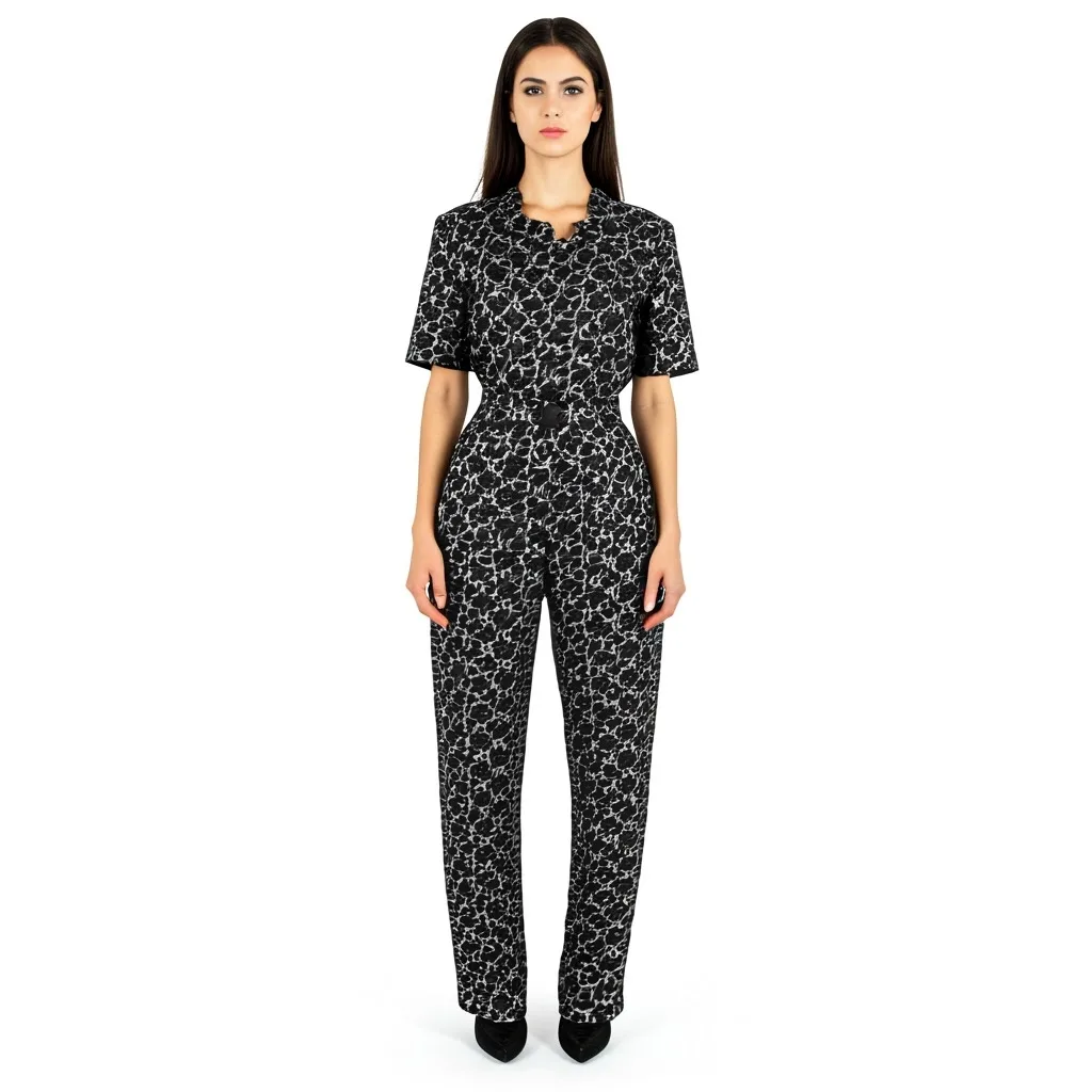 Fashion model wearing a black and white patterned short sleeve jumpsuit