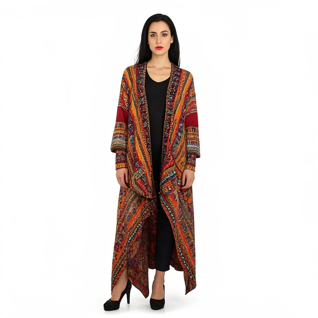 AI generated model wearing a long embroidered coat in warm reds and oranges