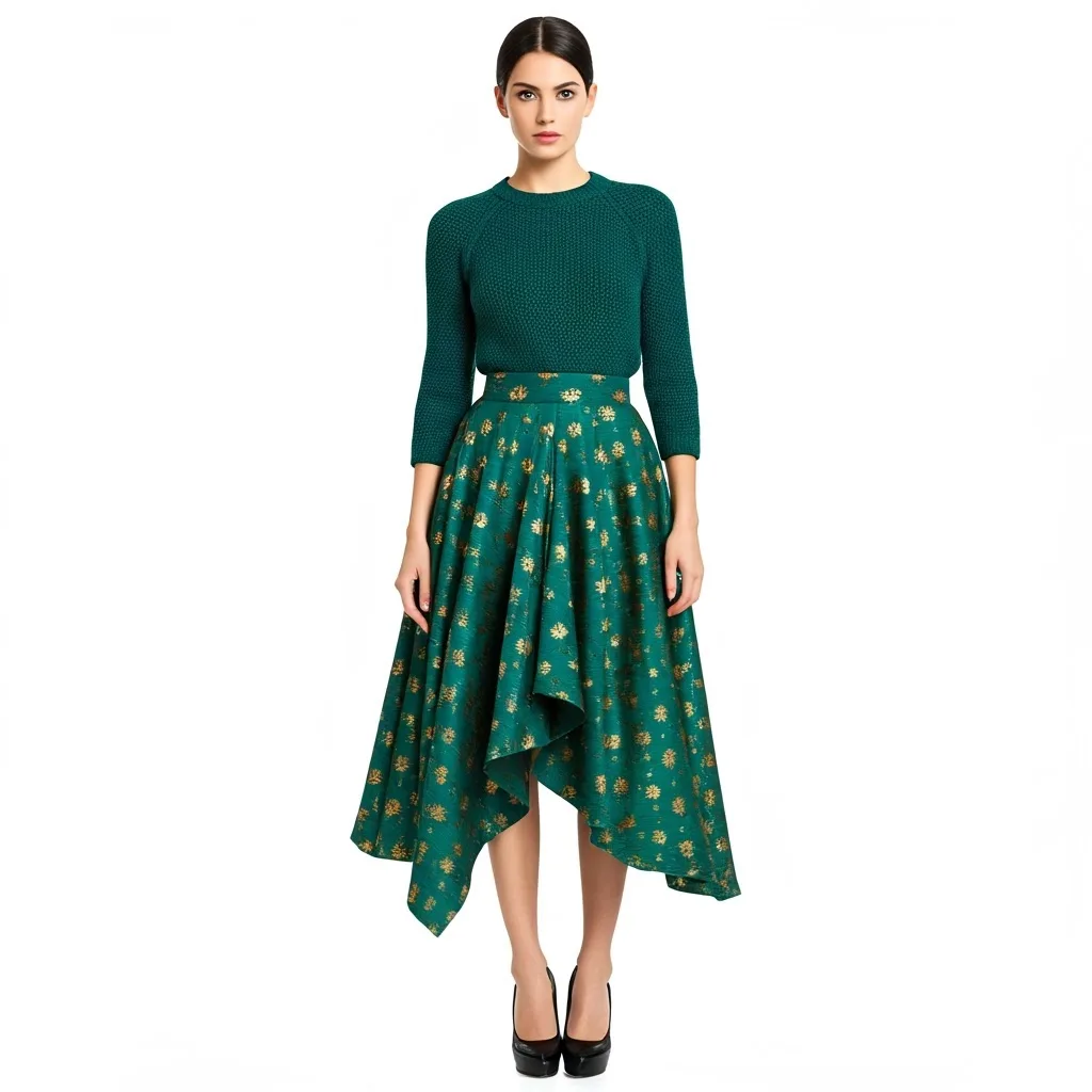 AI fashion model in a green knit sweater and a green skirt with gold floral print