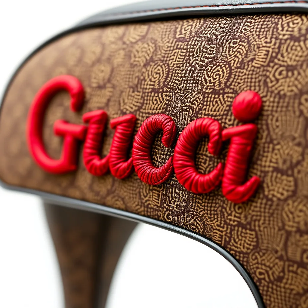 Brand name rendered as raised red embroidered cord on monogram patterned canvas