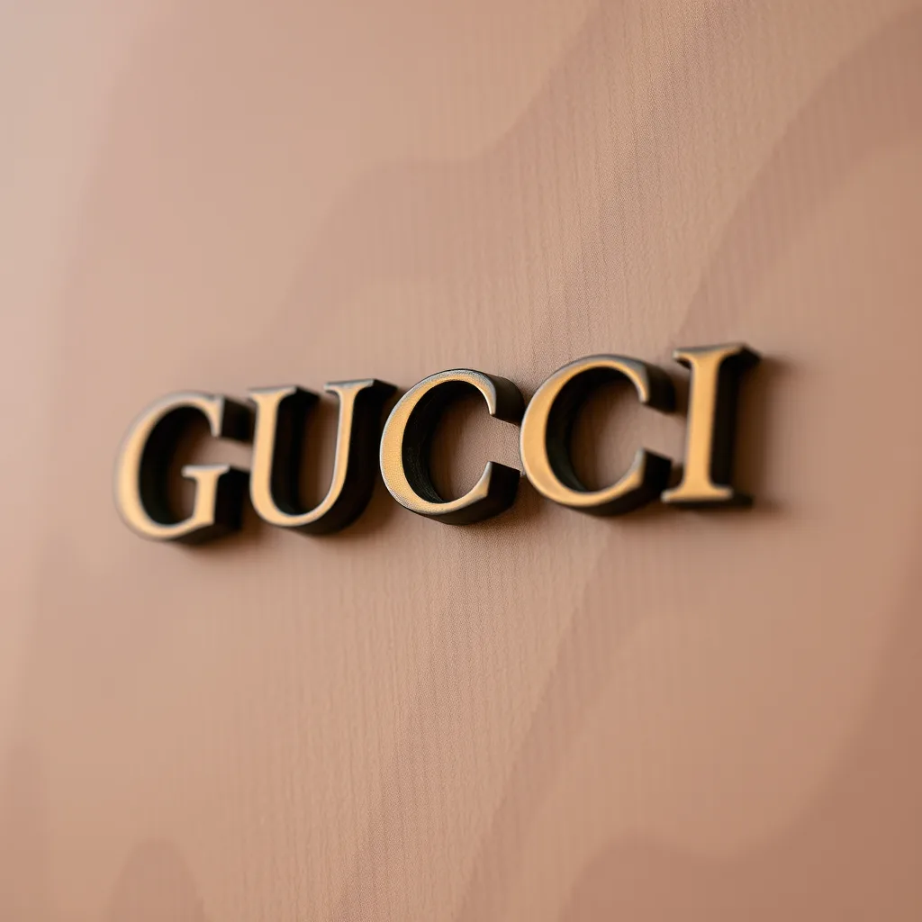 Brand name in polished gold and dark metal lettering mounted on a soft pink wall