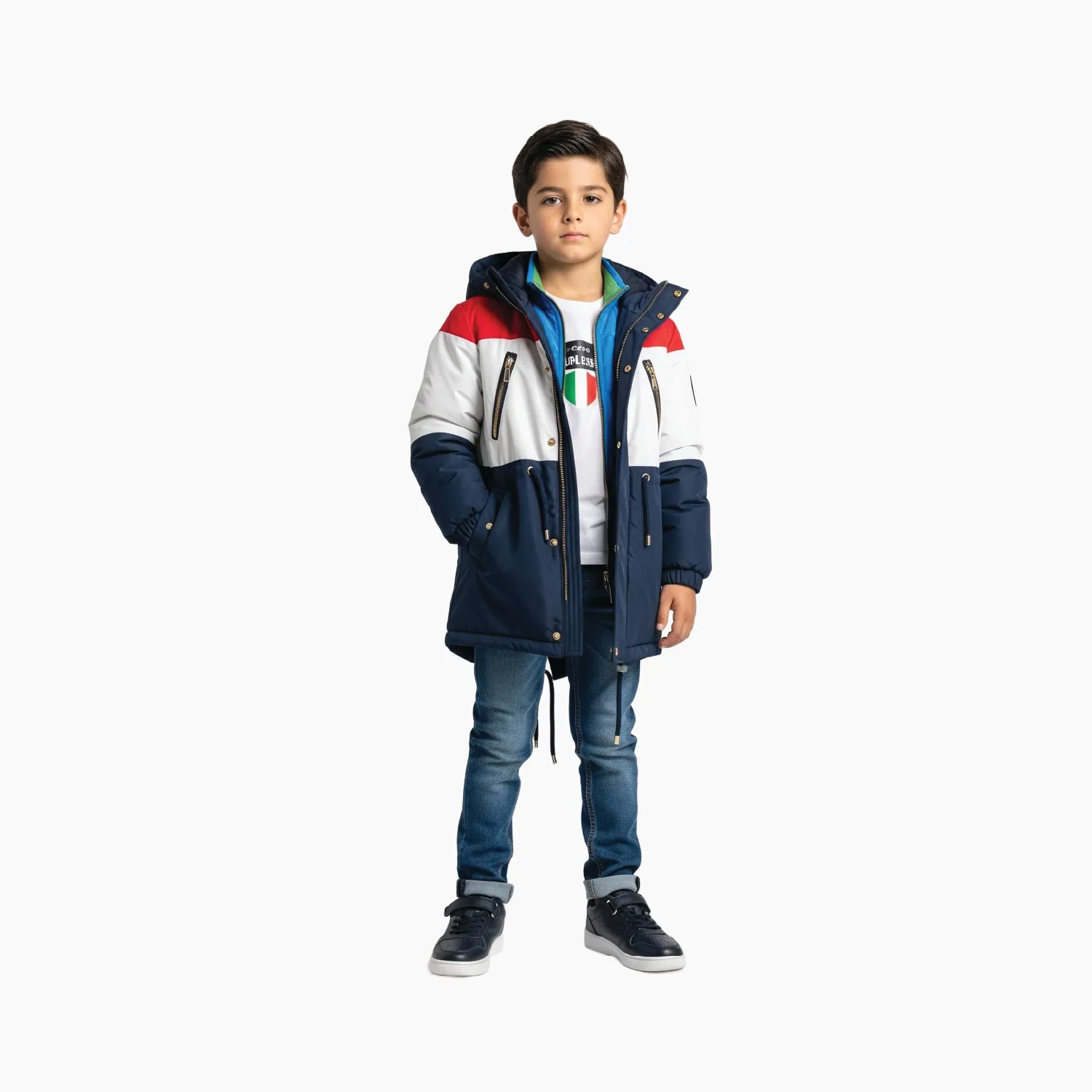 Boy wearing a navy, white and red color block hooded parka over jeans and sneakers
