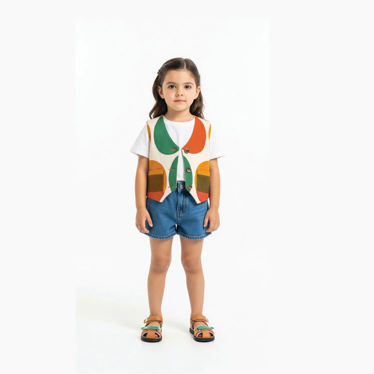 Young girl wearing a cream vest with green and orange circular panels over a white tee and denim shorts
