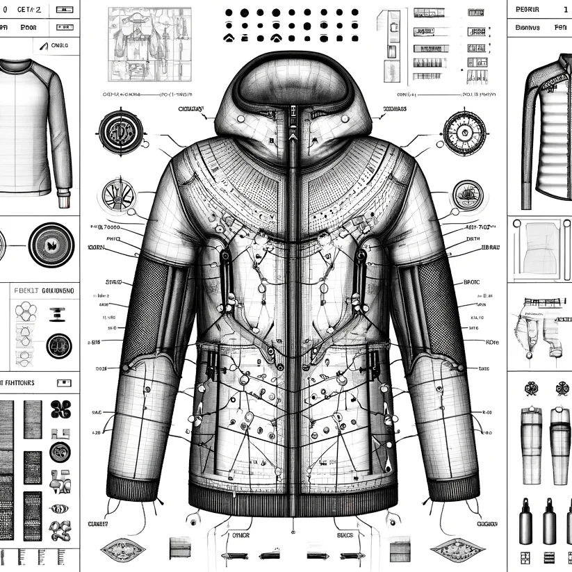 Technical drawing of a hooded jacket surrounded by fabric swatches and specification callouts
