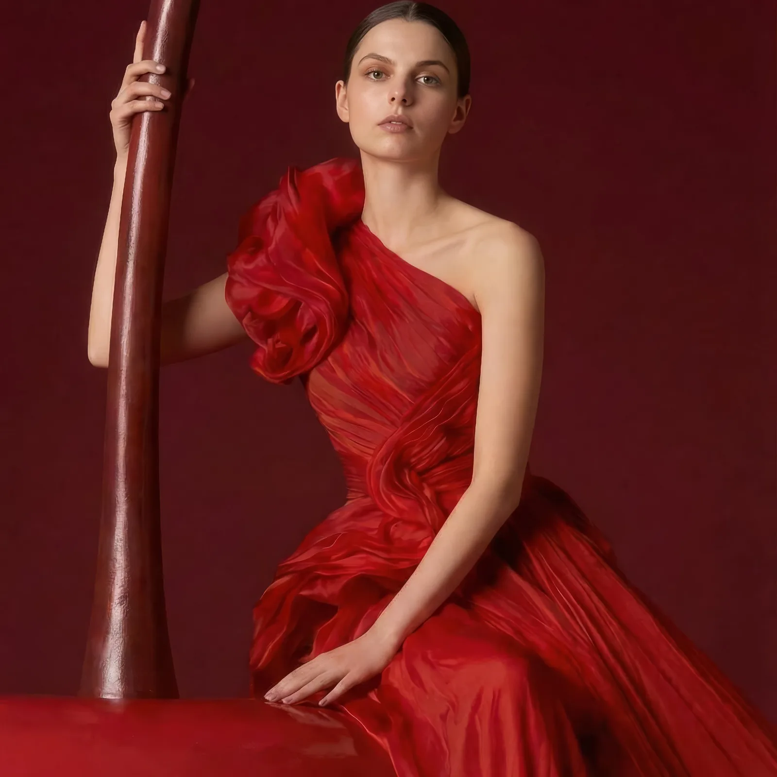 Model in a draped red one shoulder gown posing against a deep red studio backdrop