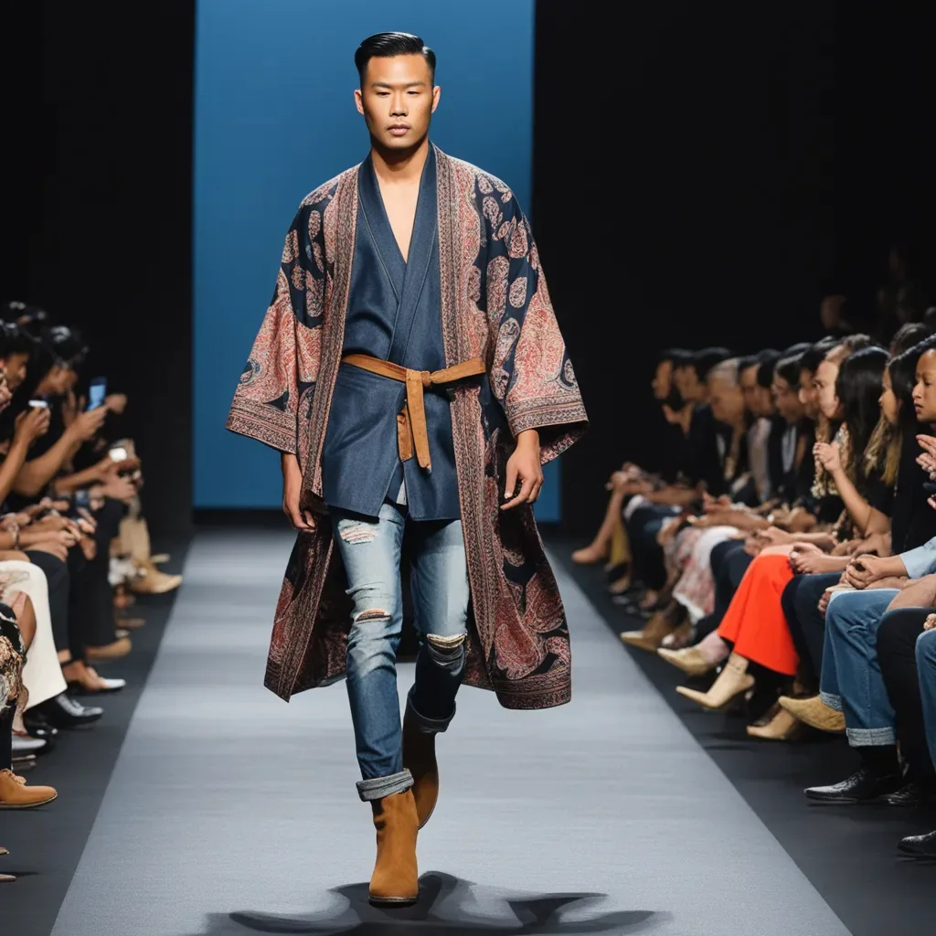 A model on a runway wearing a denim kimono jacket with a paisley print overlay
