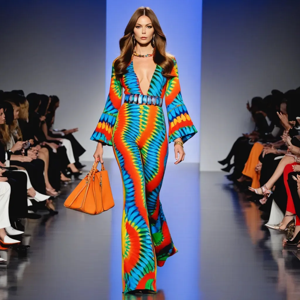A runway look in a bright multicolor psychedelic print jumpsuit with flared sleeves