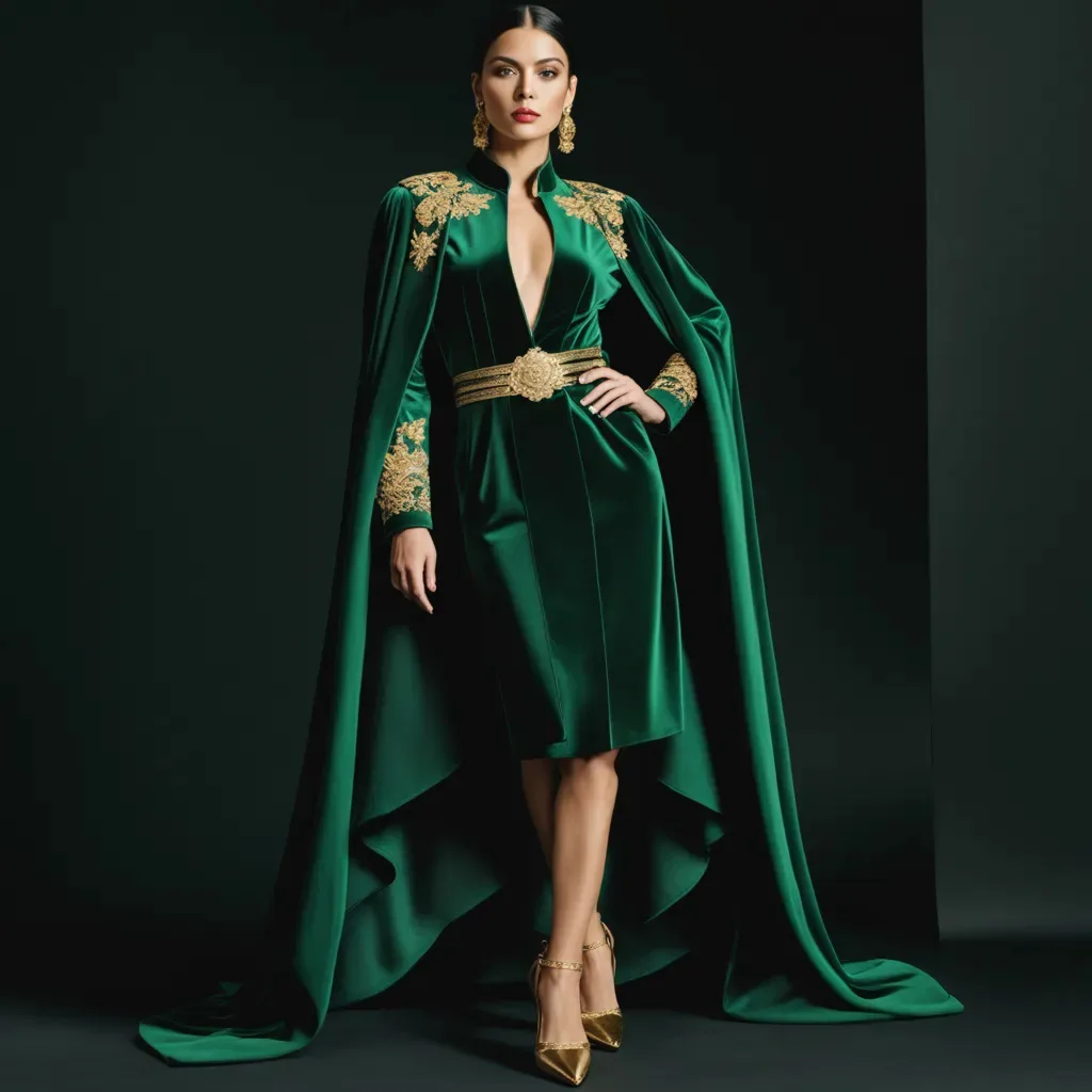An emerald green velvet dress with gold embroidery and a floor length cape