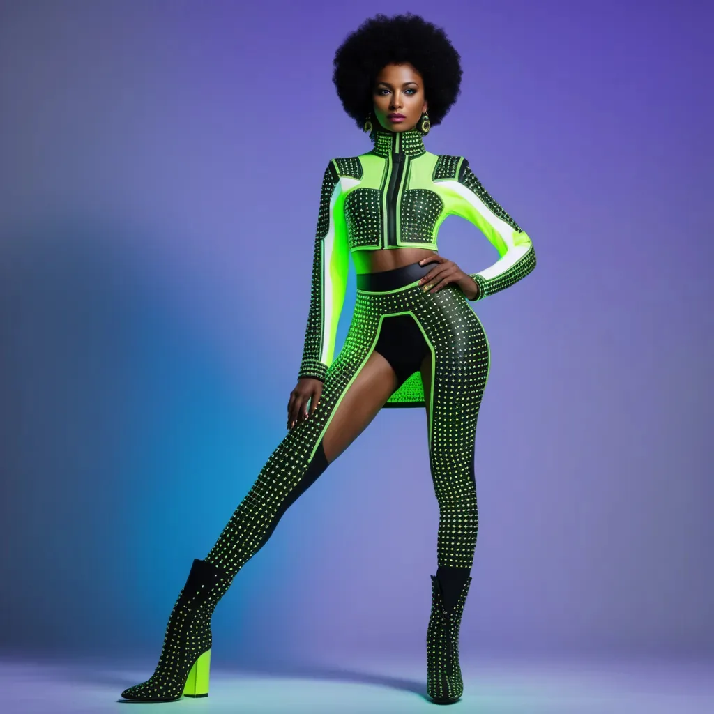 A neon green and black studded two piece outfit with matching thigh high boots