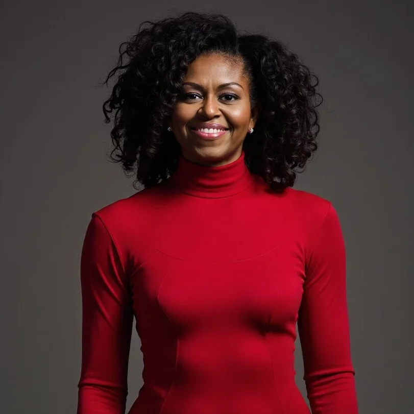 AI generated portrait of a smiling woman in a red turtleneck top