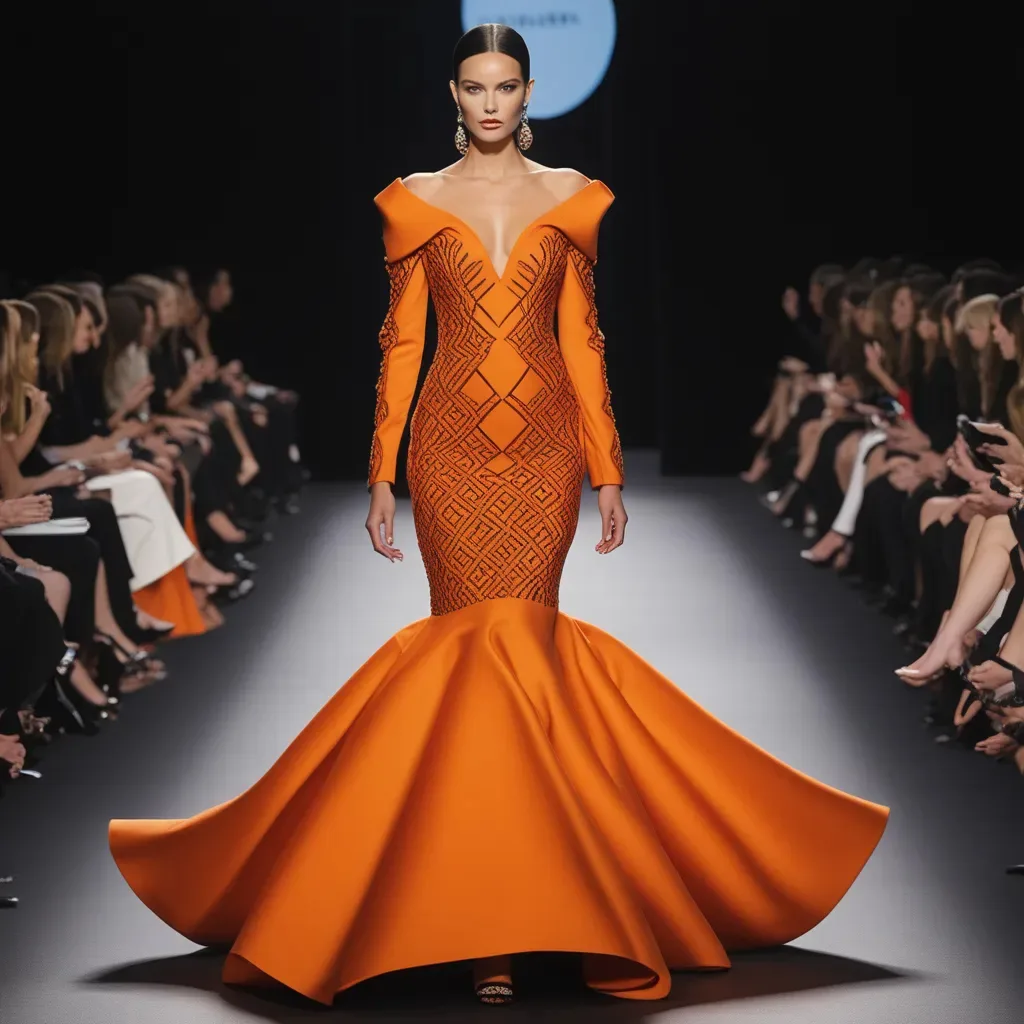 AI generated runway shot of a model in a long orange gown with a textured bodice