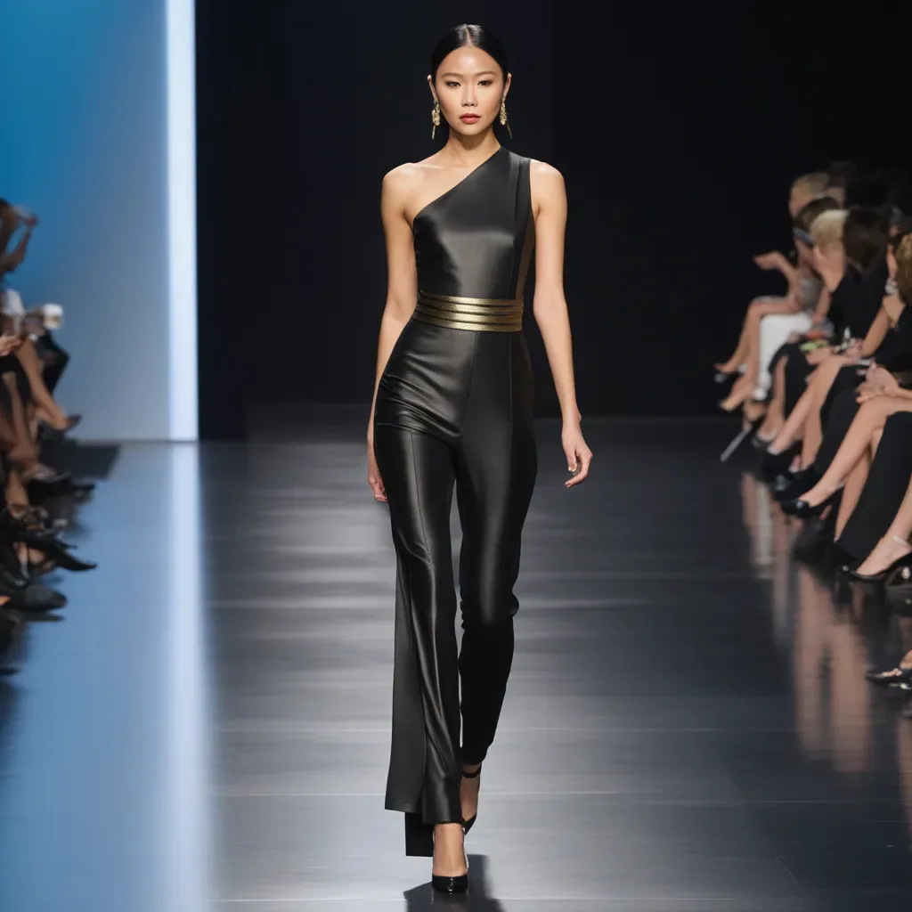AI generated runway shot of a model in a black one shoulder jumpsuit with a gold belt