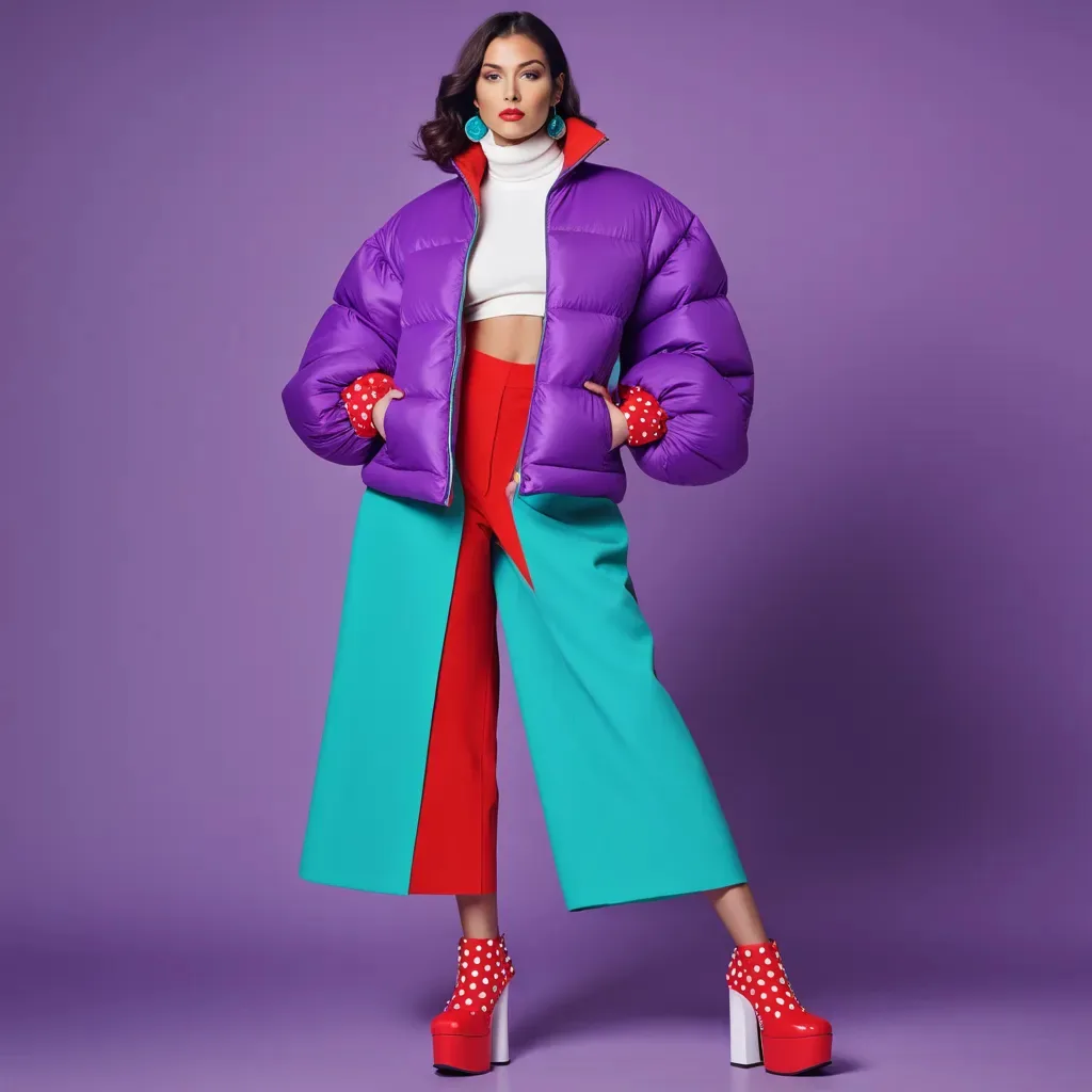 AI generated fashion look with a purple puffer jacket, red and teal culottes and polka dot platform boots