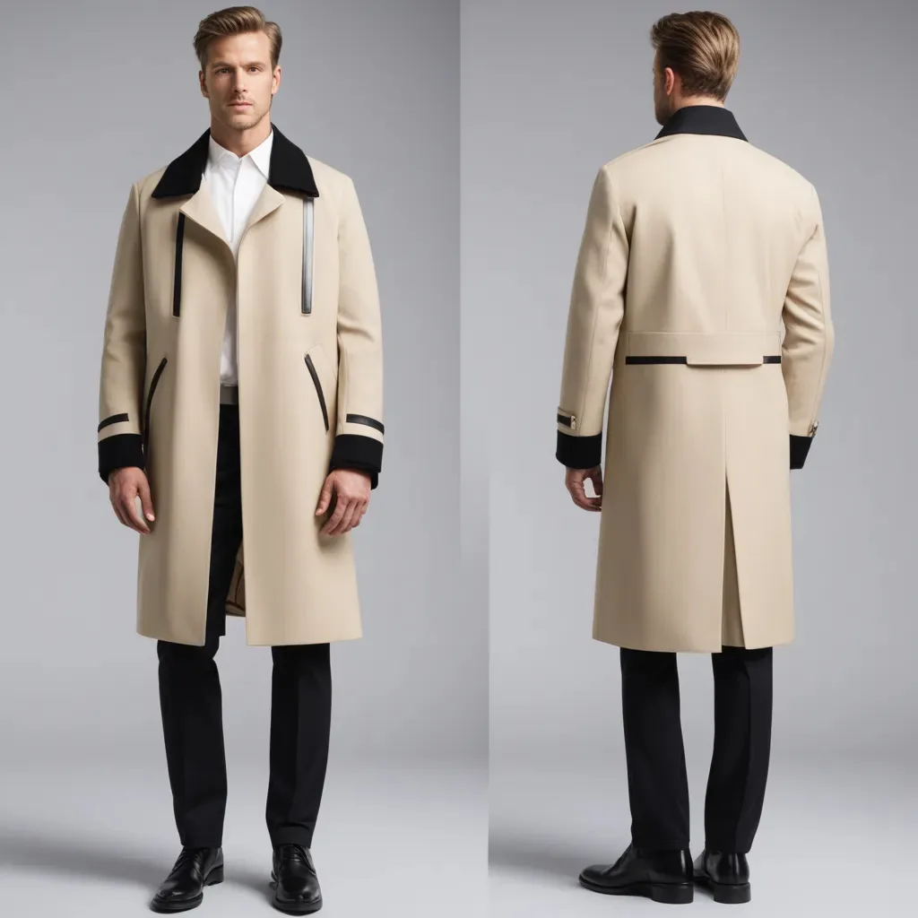 Front and back views of an AI generated beige overcoat with a black collar and cuffs on a male model