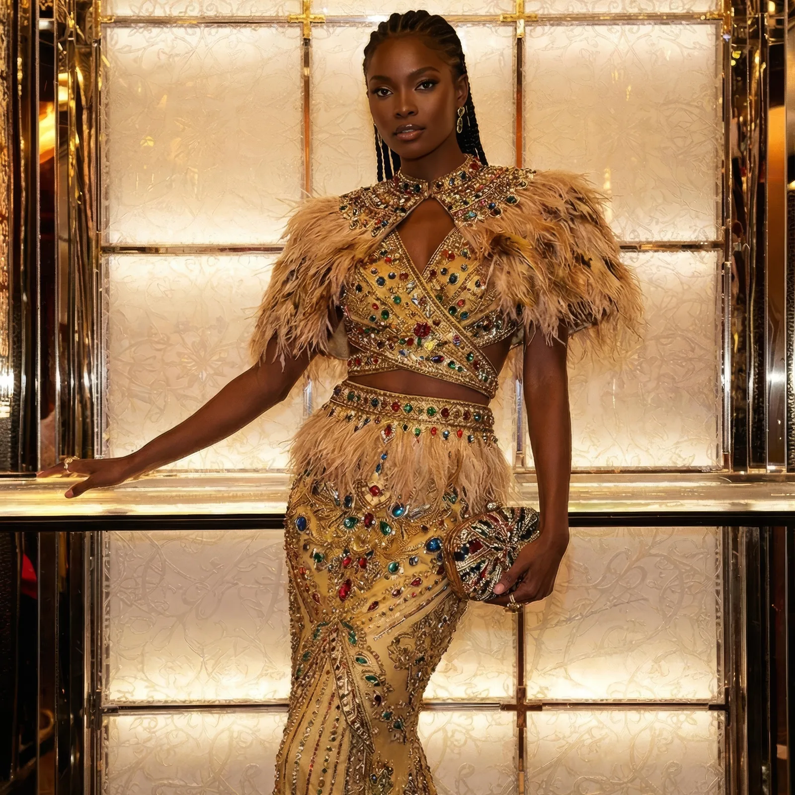 Model in a jewel encrusted gold gown with feather trim posing in a gilded mirrored interior