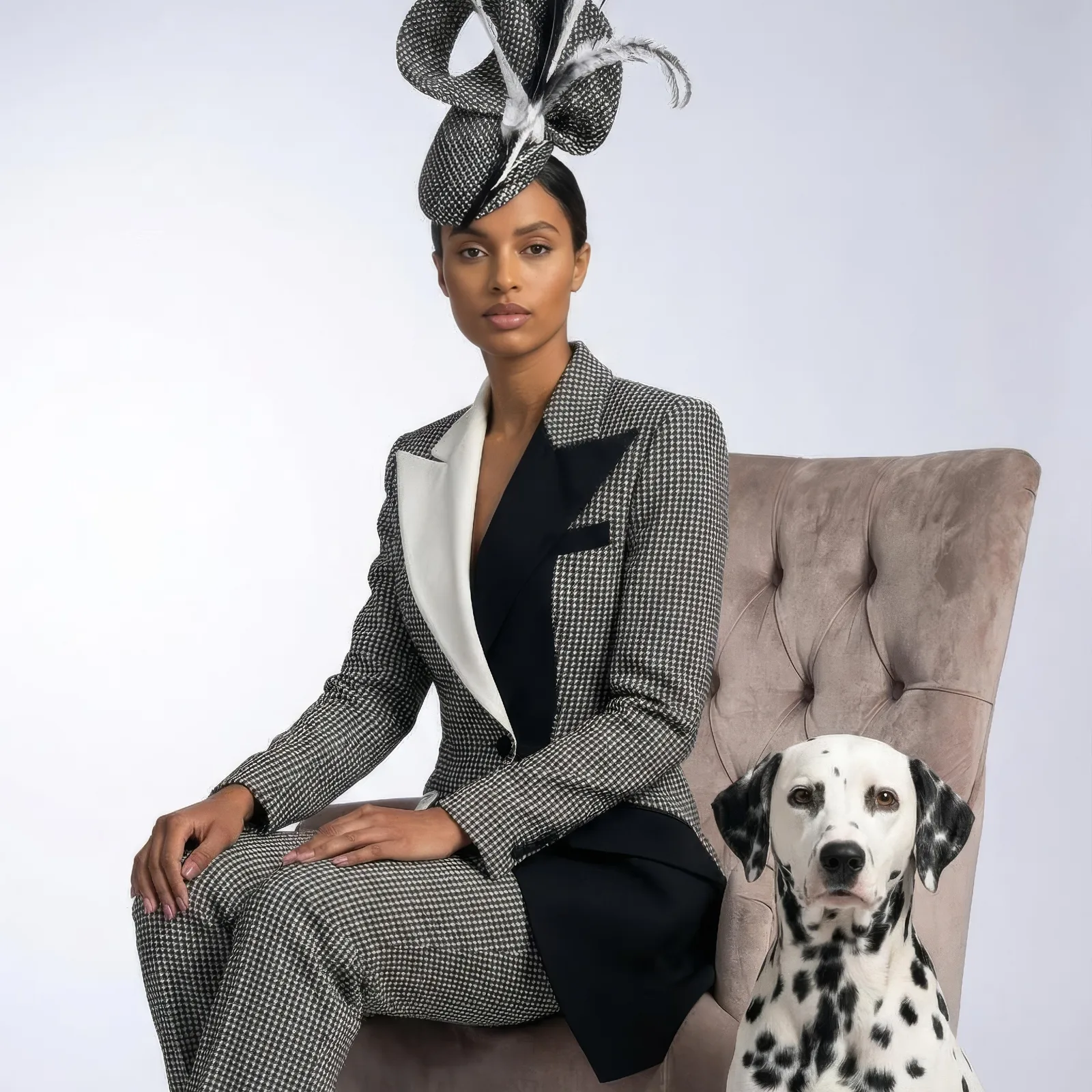 Seated model in a houndstooth suit and sculptural feathered hat beside a Dalmatian dog