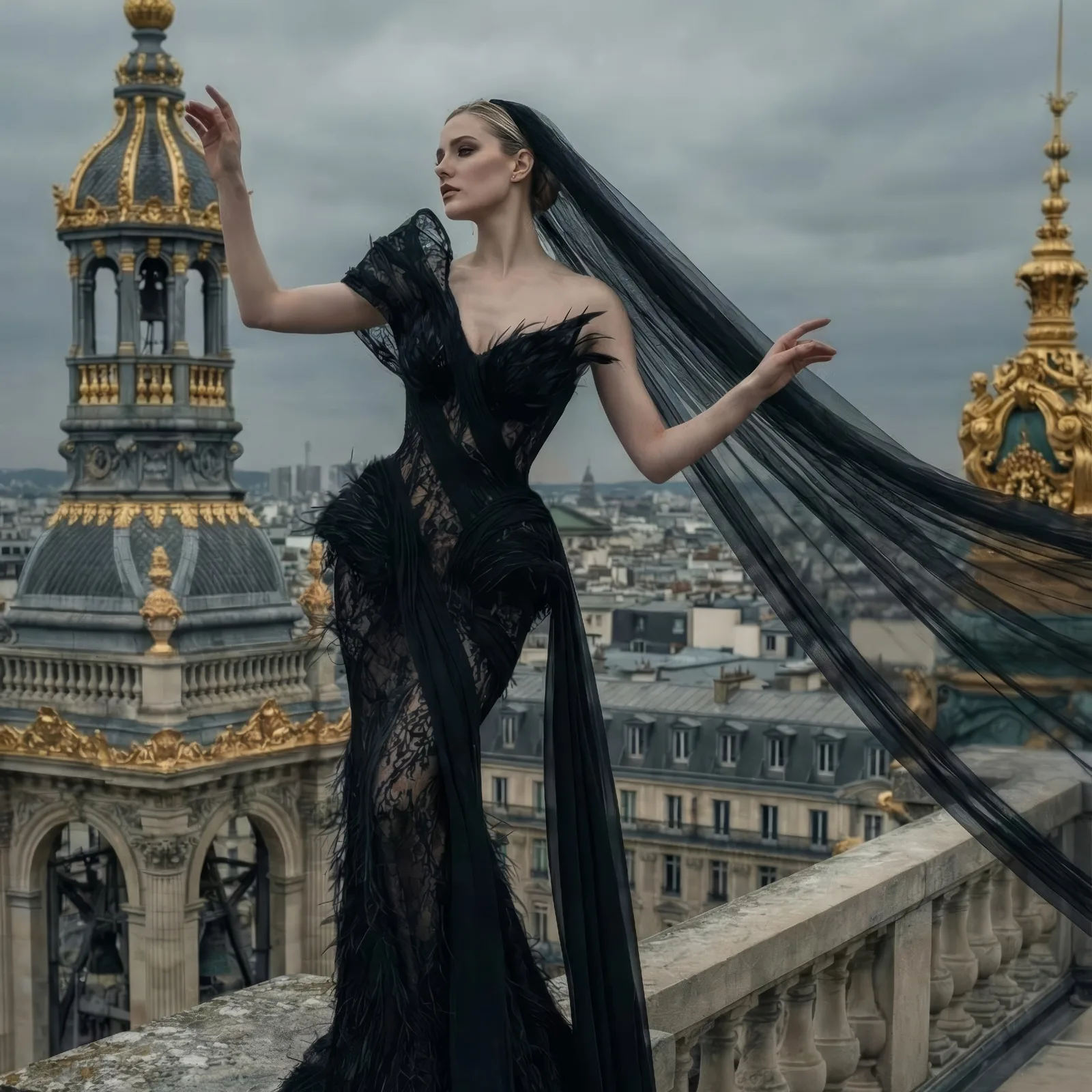 Model in a black feathered gown with a long veil posing on a Paris rooftop