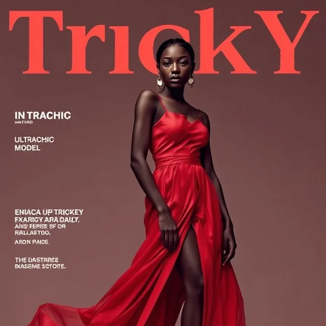Fashion magazine cover concept with a model in a red satin gown against a deep red background
