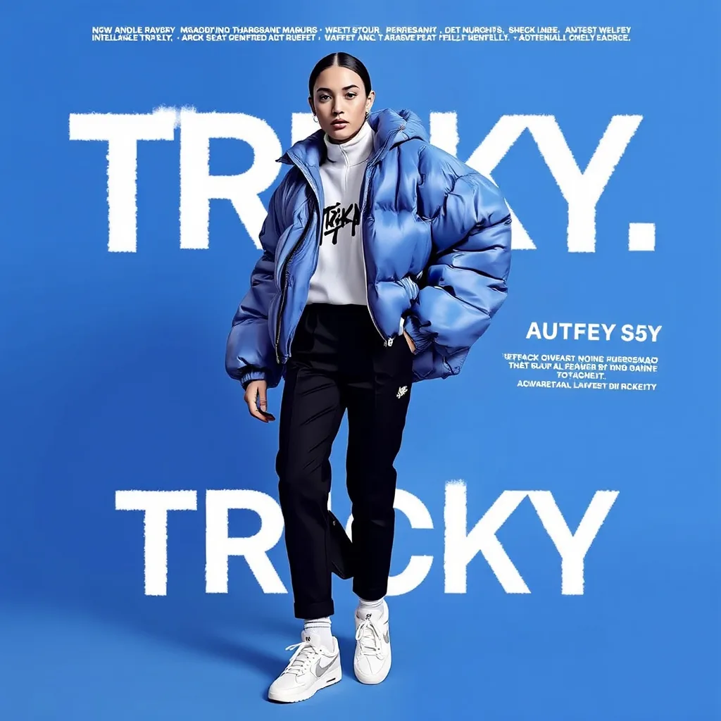 Editorial cover layout with a model in an oversized blue puffer jacket over large white cover typography