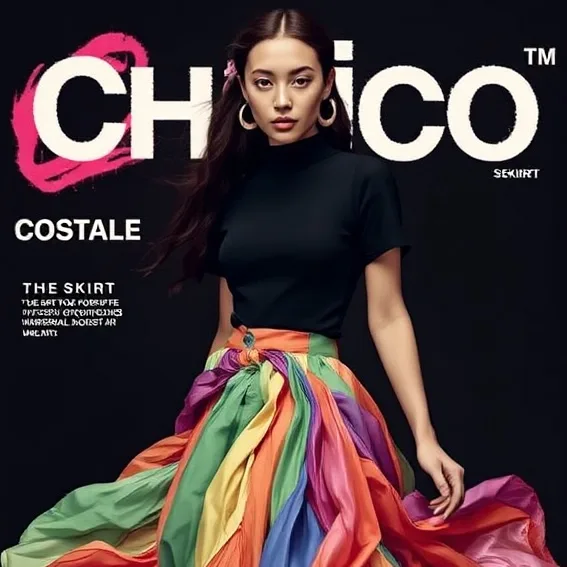 Magazine cover concept with a model in a black top and multicolored pleated maxi skirt on a black background