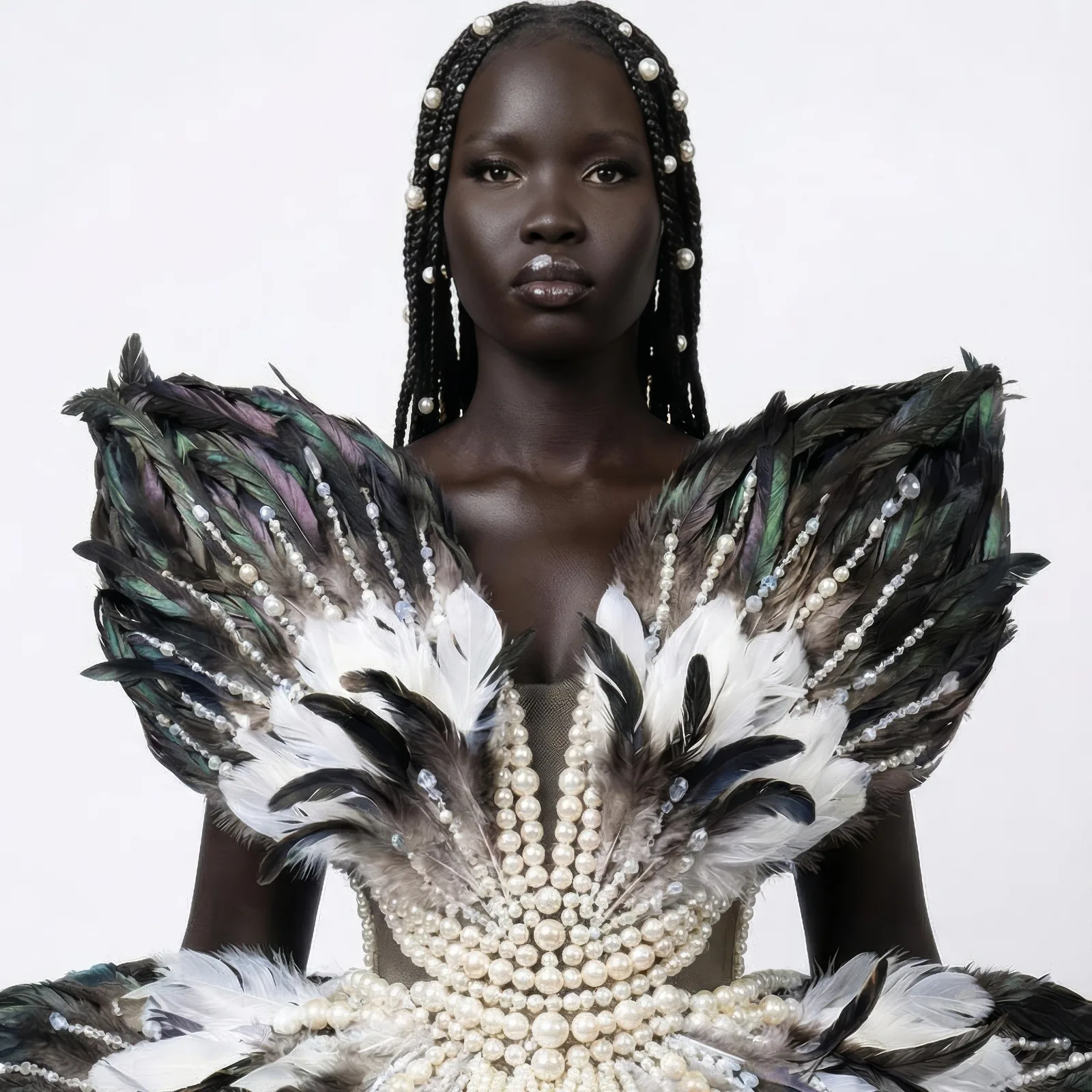 Model with pearl studded braids wearing a couture gown of feathers and cascading pearls