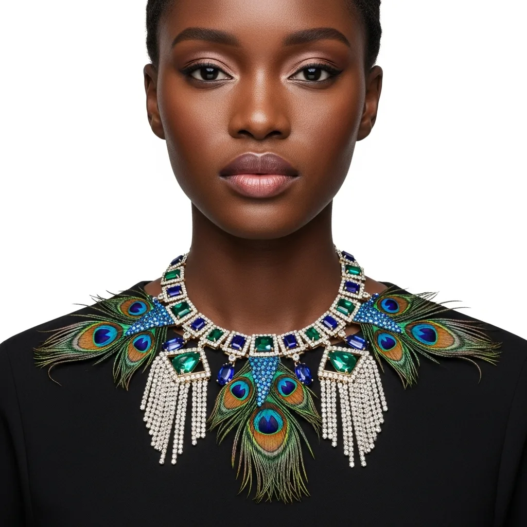 AI generated fashion model wearing a jeweled collar necklace with peacock feathers and crystal fringe