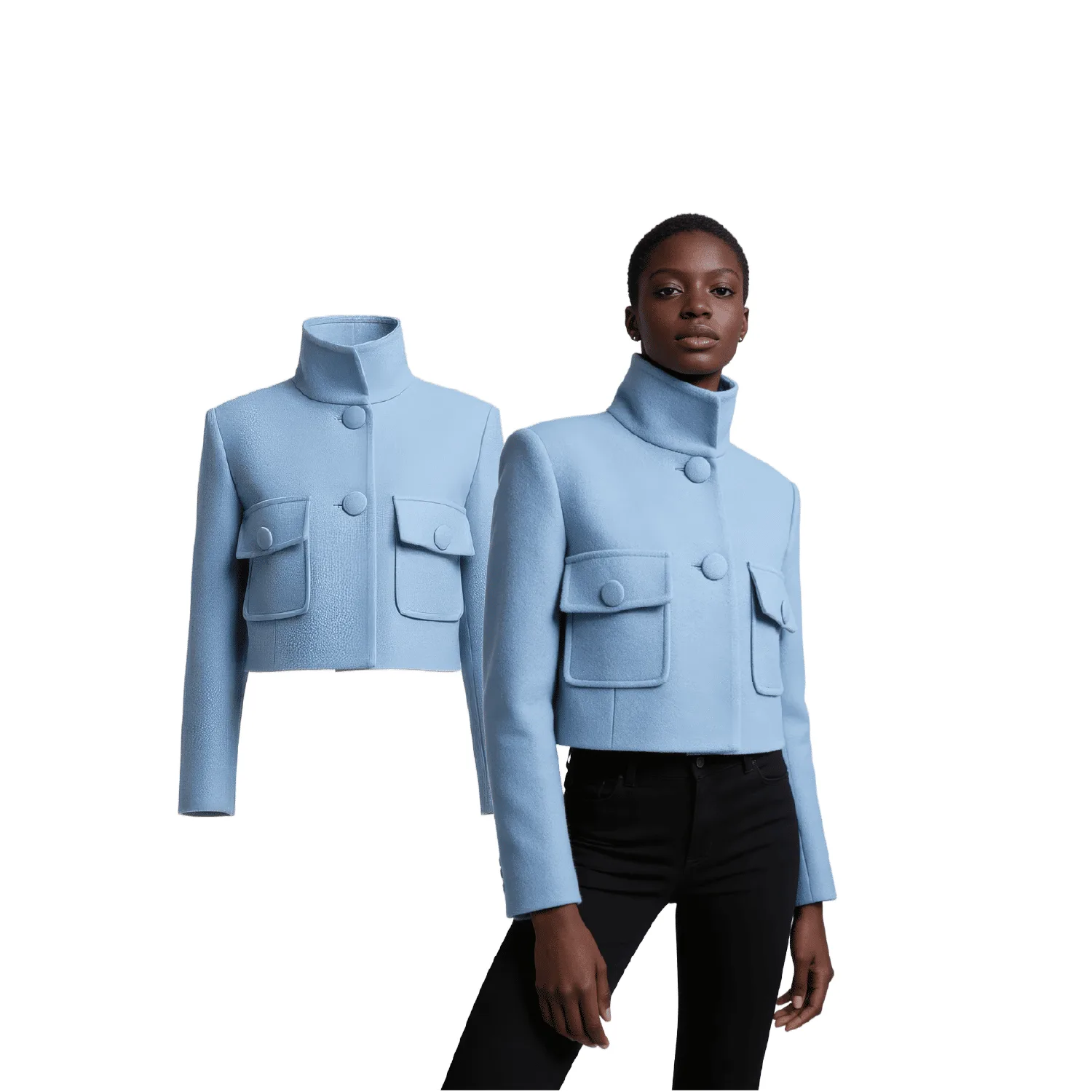 Light blue cropped jacket shown as a product photo and worn by a model with black trousers