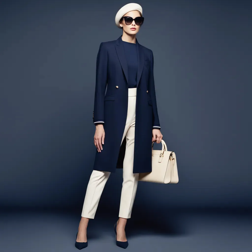Model in a navy longline coat, white beret and sunglasses carrying a cream handbag
