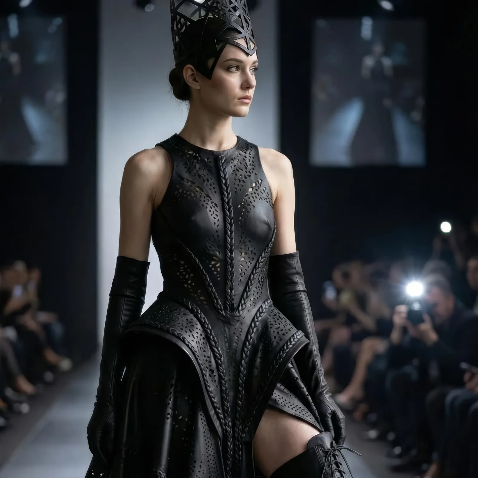 Runway model in a laser cut black leather gown with geometric headpiece and long gloves