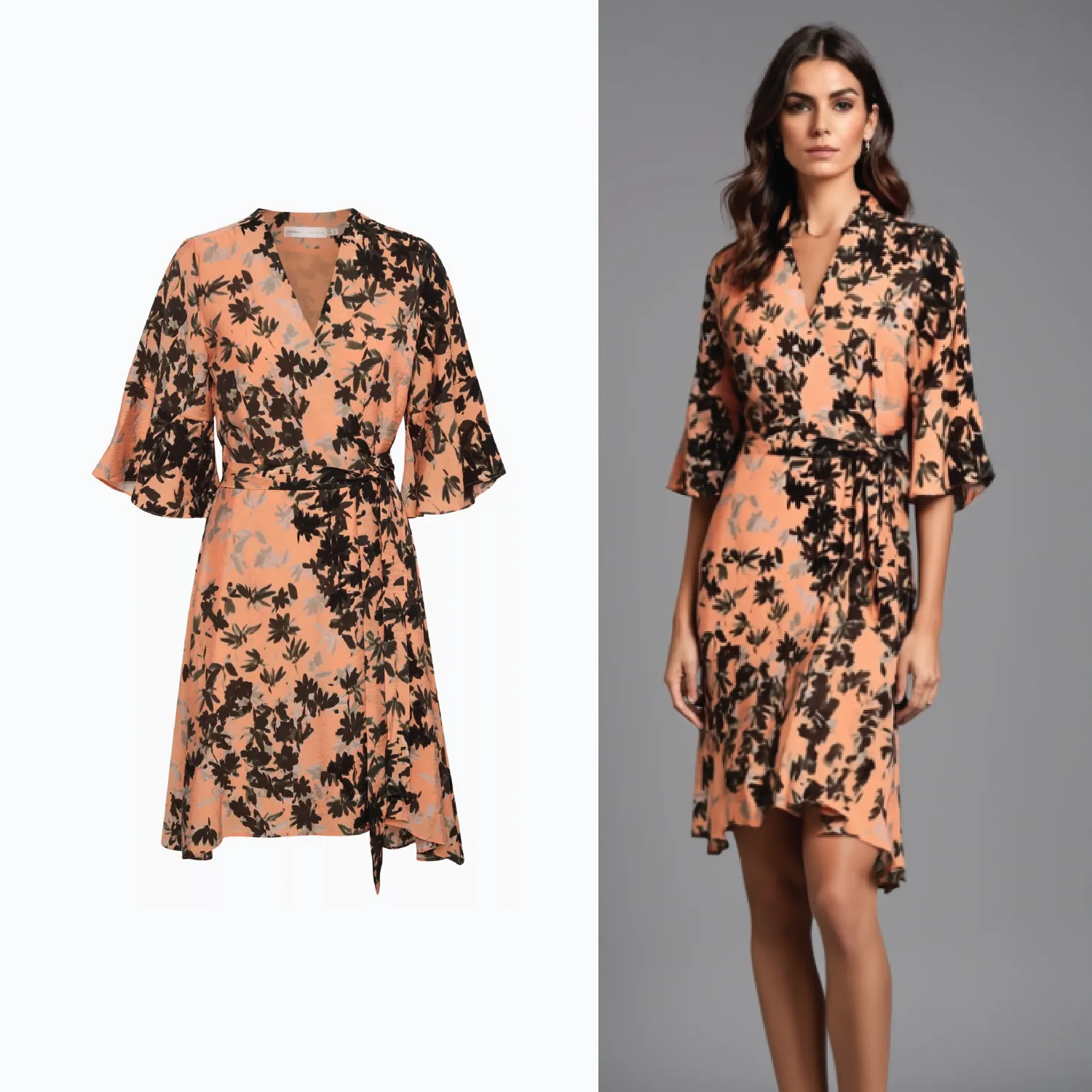 A flat orange floral dress on the left and the same dress worn by an AI generated model on the right