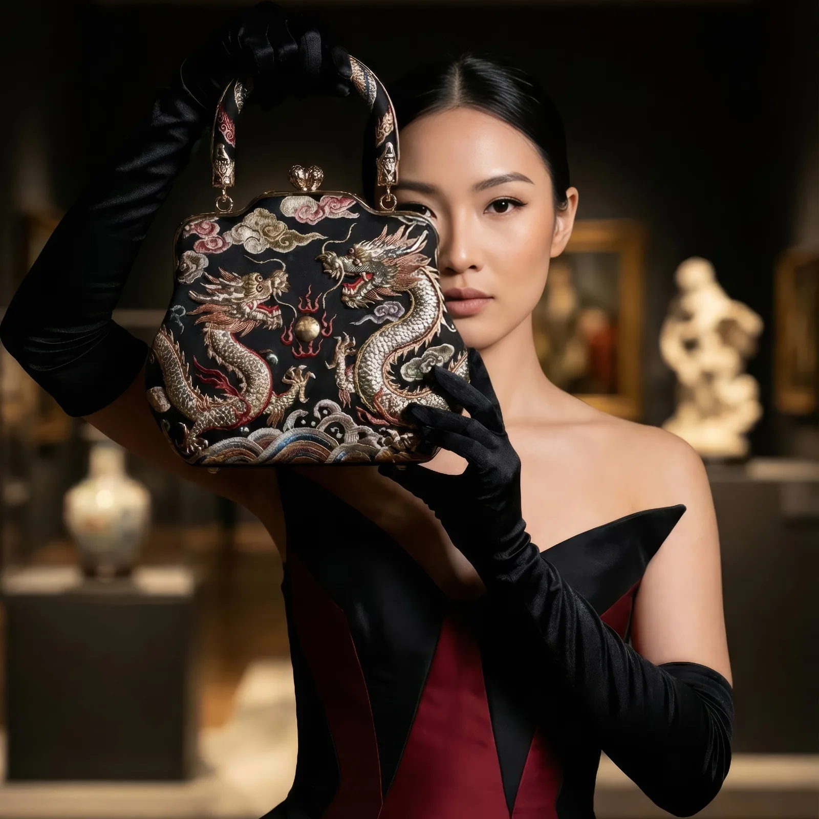 Model in long black gloves holding up a black handbag embroidered with golden dragons