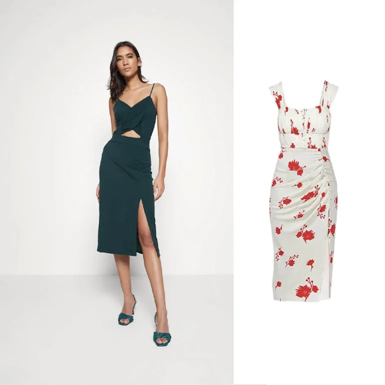 An AI model in a dark green dress next to a white dress with red floral print