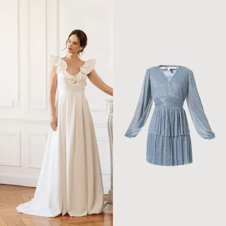An AI model in a long white gown next to a pleated light blue dress
