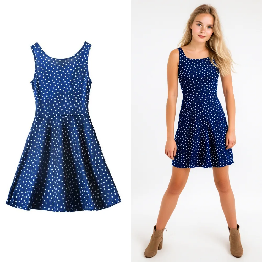 A navy polka dot dress shown flat, then worn by an AI generated model in a studio setting