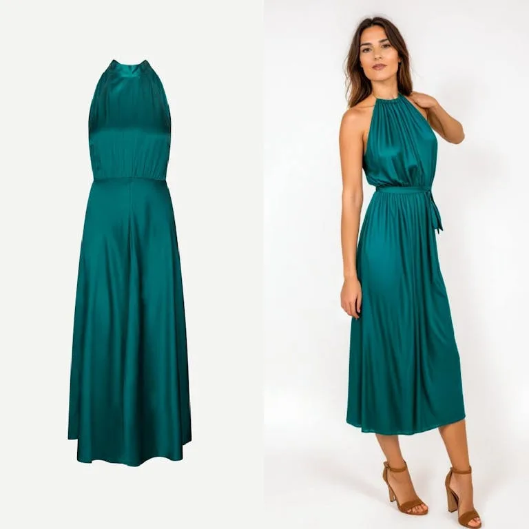 A green satin halter dress on a hanger next to the same dress worn by an AI generated model