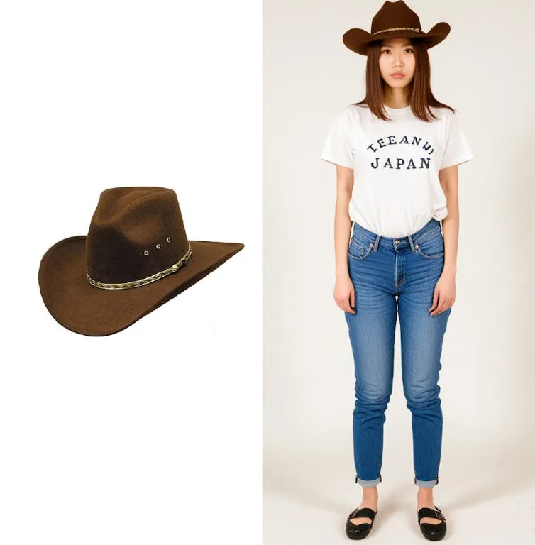 A brown felt cowboy hat on its own, then worn by an AI generated model in jeans and a white tee