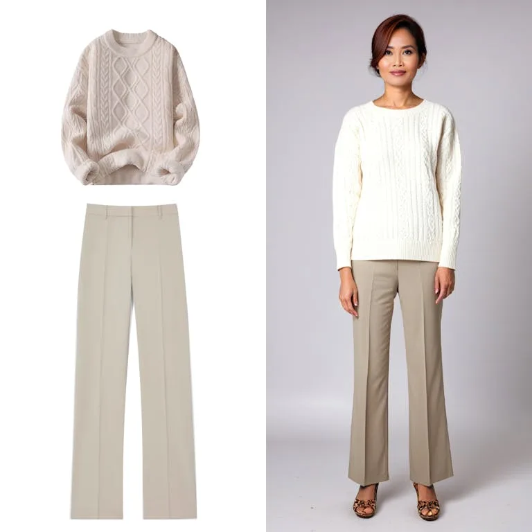 A cream cable knit sweater and beige trousers laid flat, then worn together by an AI generated model