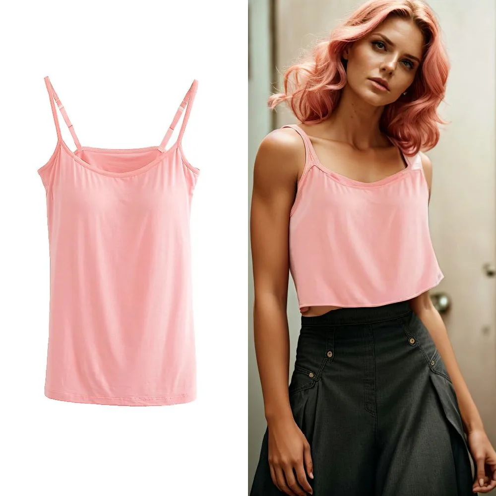 A pink camisole shown flat next to the same garment worn by an AI generated model