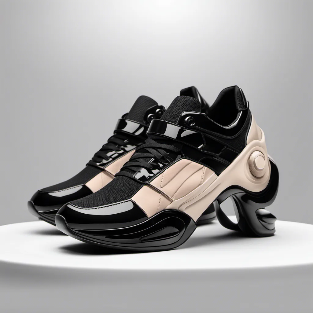 A pair of black and cream sneakers with a sculpted heel on a white display stand