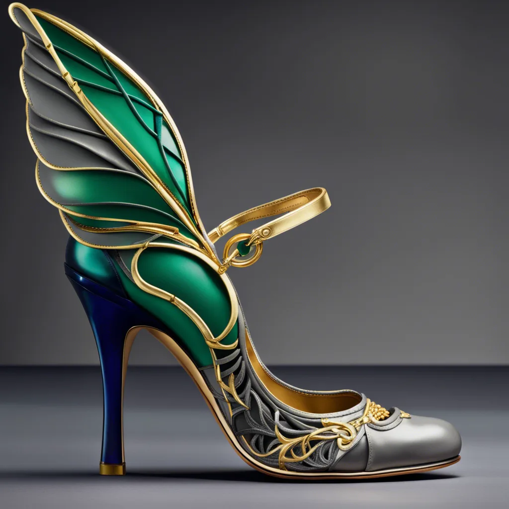 A high heeled shoe with sculpted green and gold wing shaped detailing at the heel
