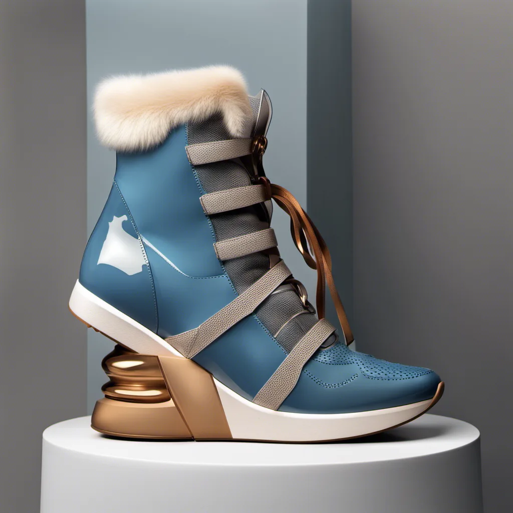 A blue high top sneaker boot with fur lining, straps, and a bronze wedge sole
