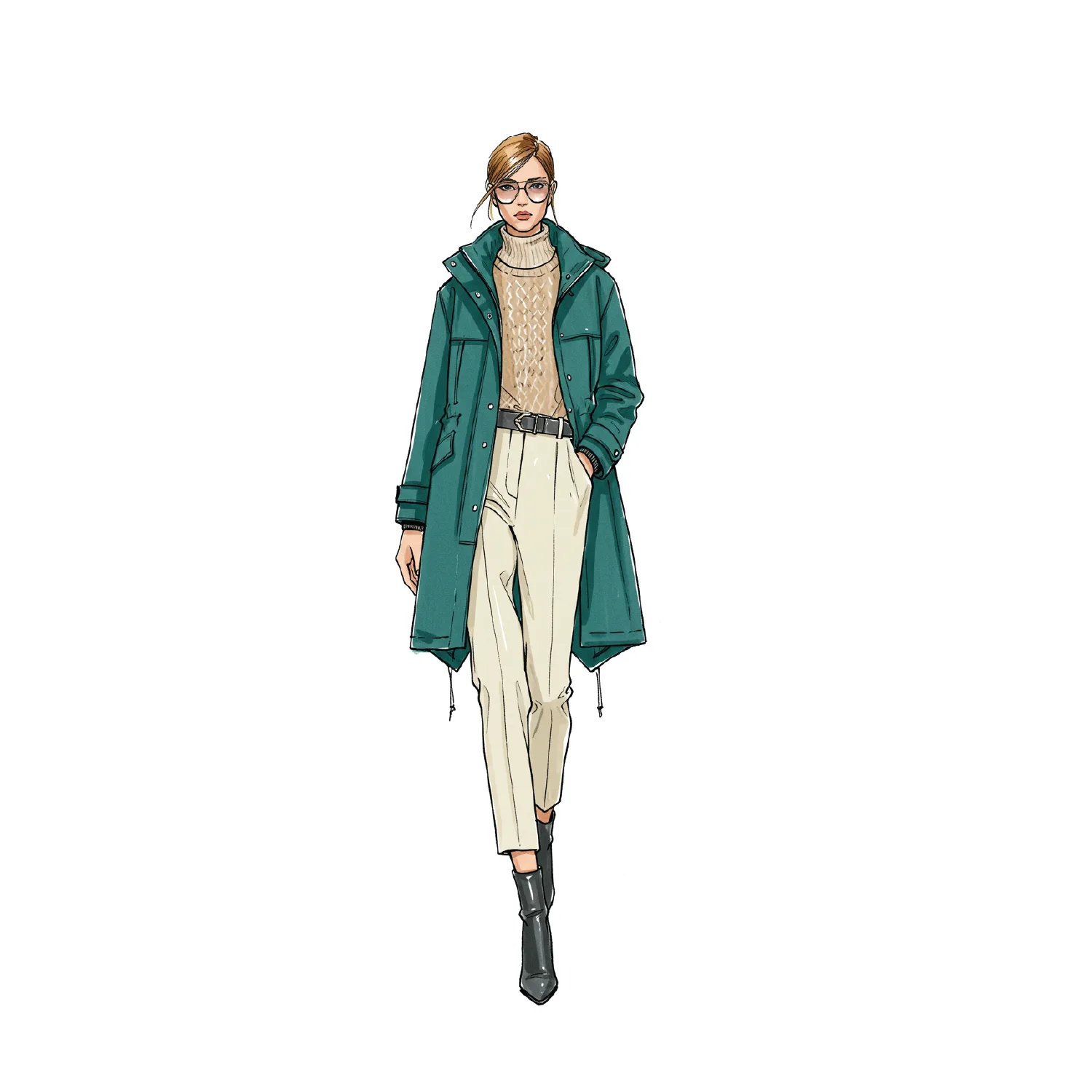 Hand drawn style fashion illustration of a woman in a teal parka, cable knit sweater, cream trousers and gray boots
