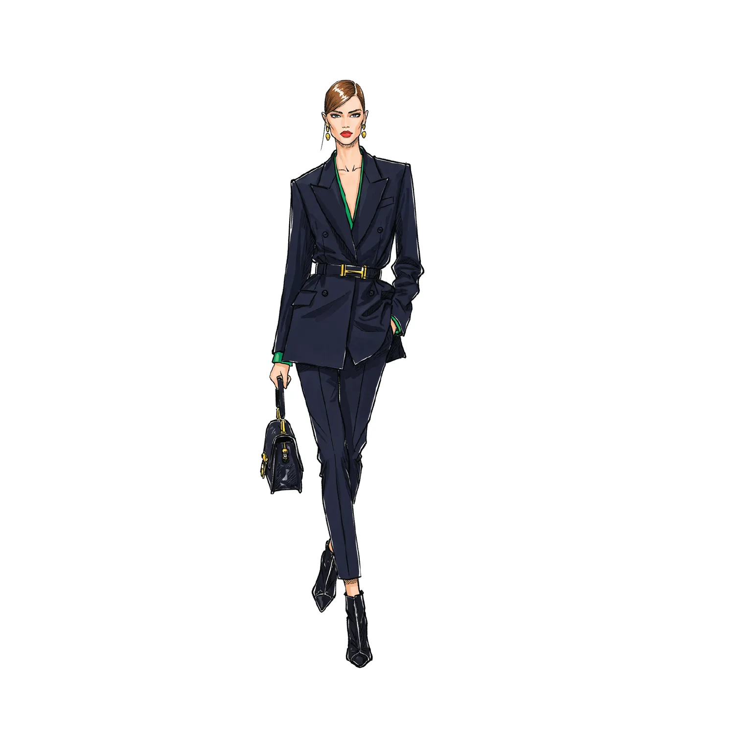 Fashion illustration of a model in a belted navy double breasted suit with a top handle bag