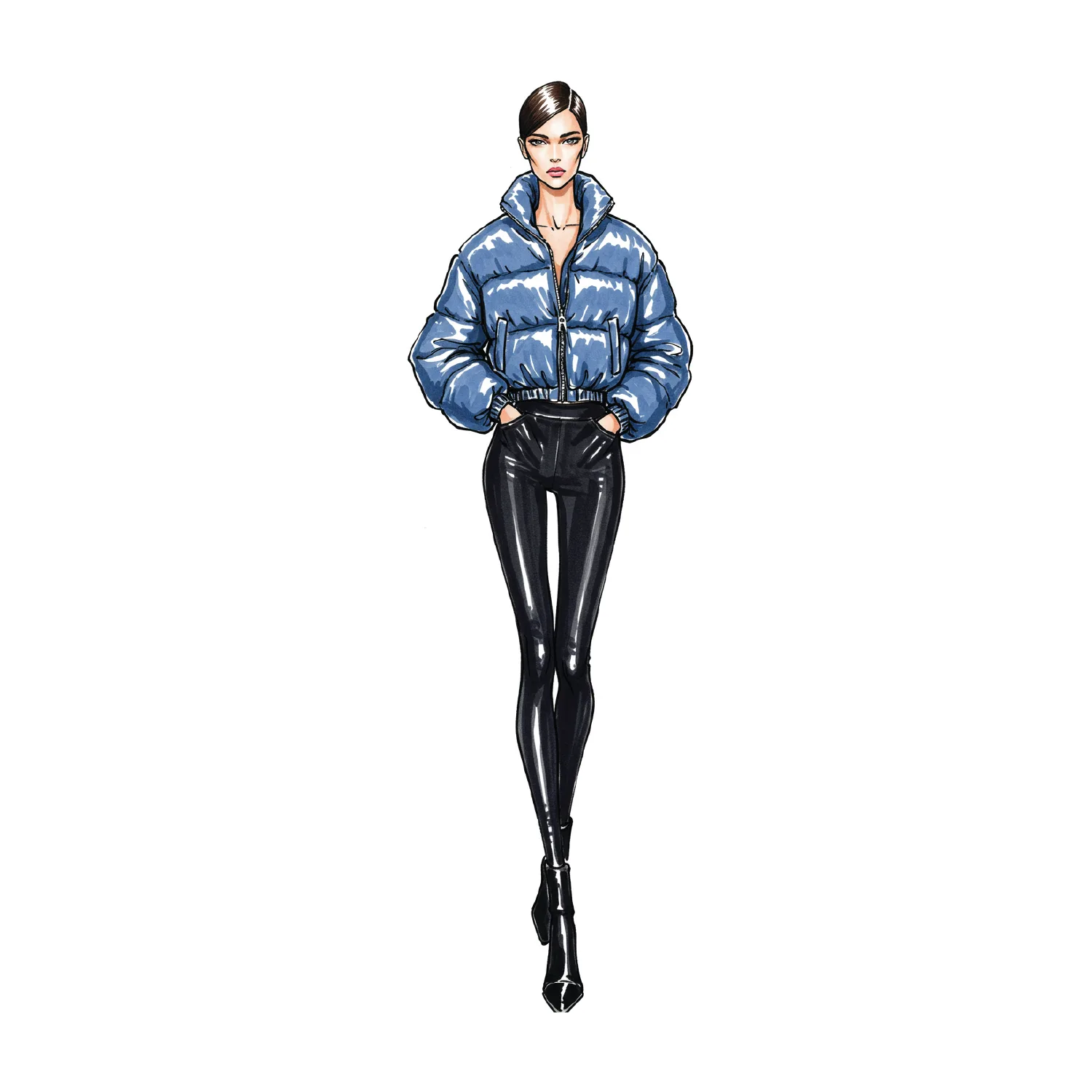 Fashion sketch of a model in a blue puffer jacket and glossy black leggings with pointed boots