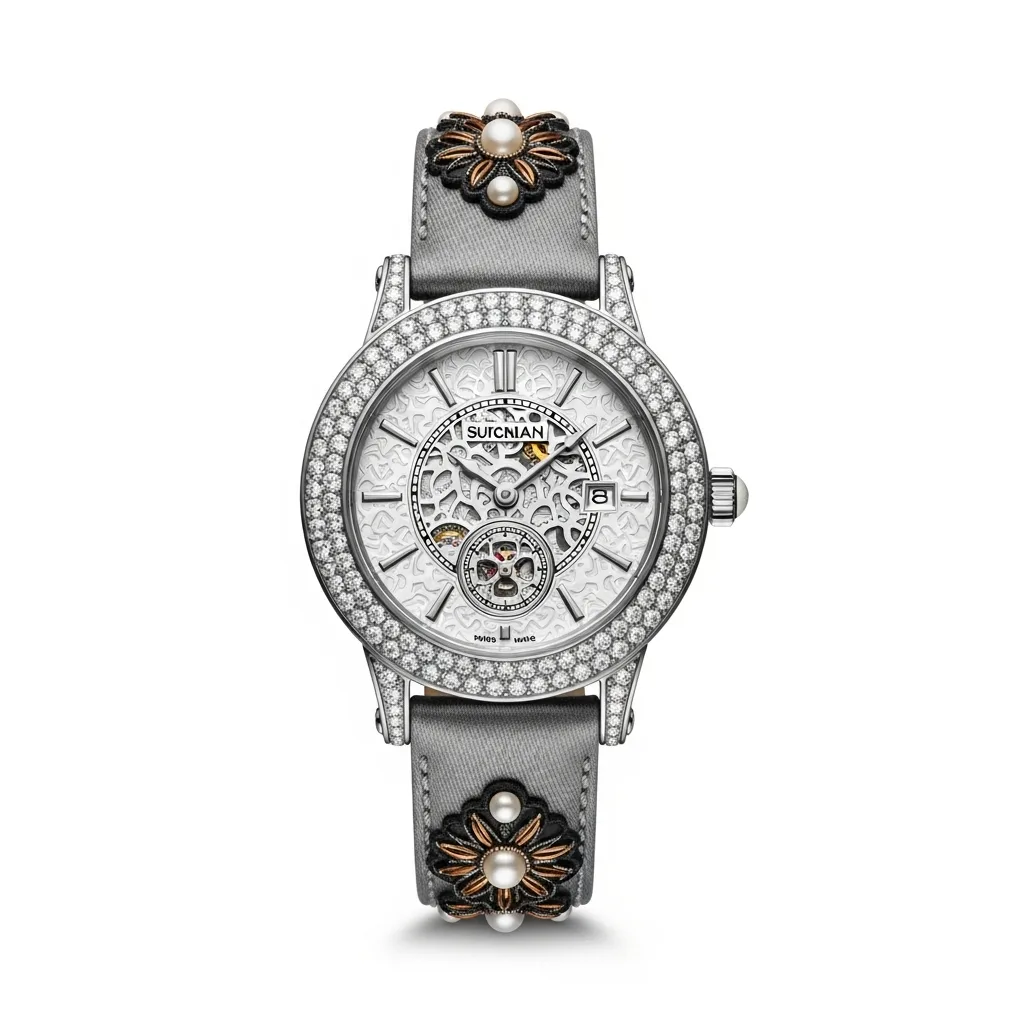 AI generated ladies watch with a diamond set bezel, openwork silver dial and a gray satin strap with pearl flower details