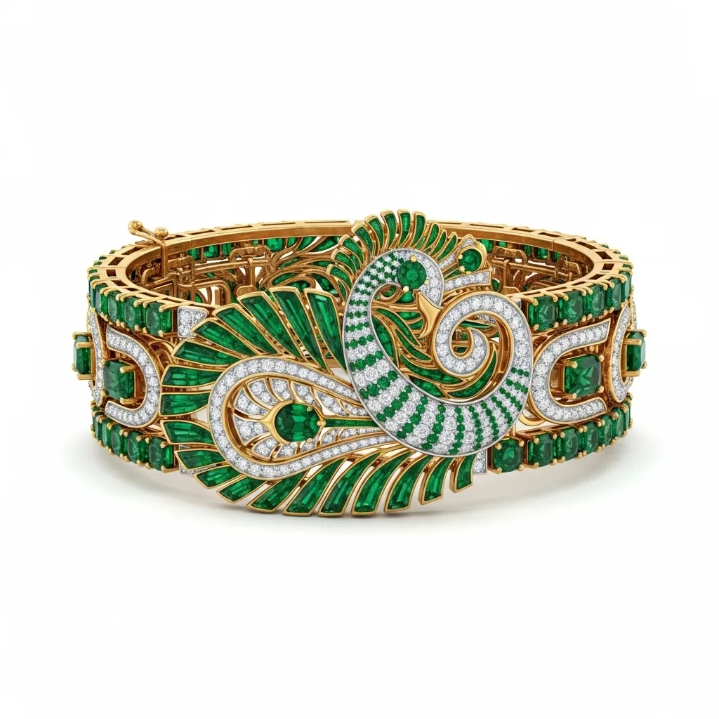 AI generated gold bangle bracelet with a peacock feather motif set in emeralds and pave diamonds