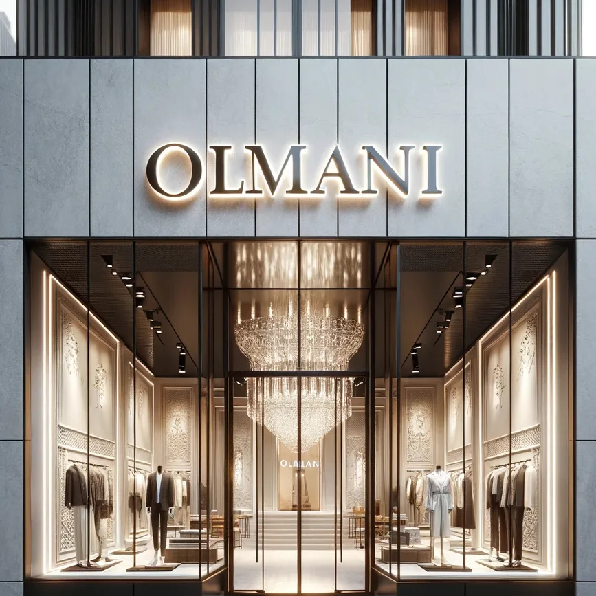 Luxury fashion boutique facade with an illuminated brand name above the window display