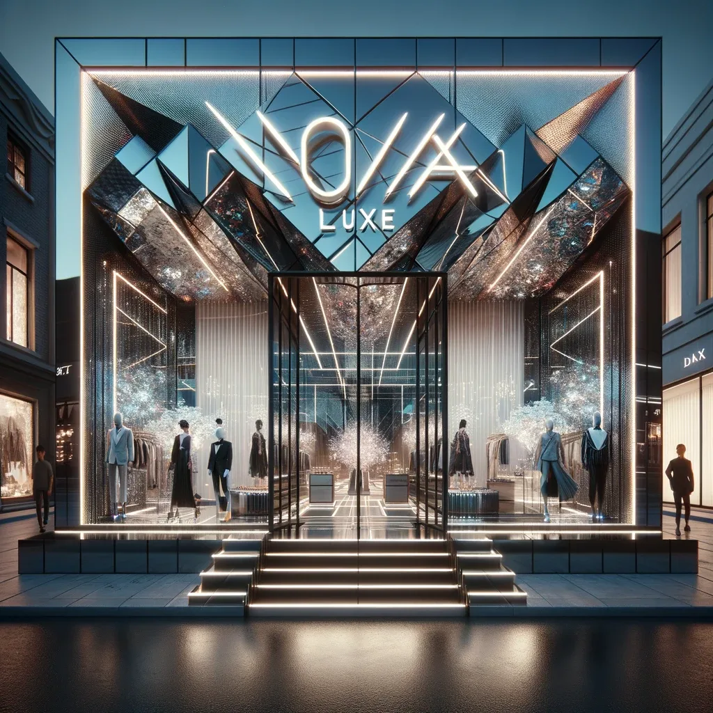Modern fashion store front lit at night with mannequins visible through a glass facade