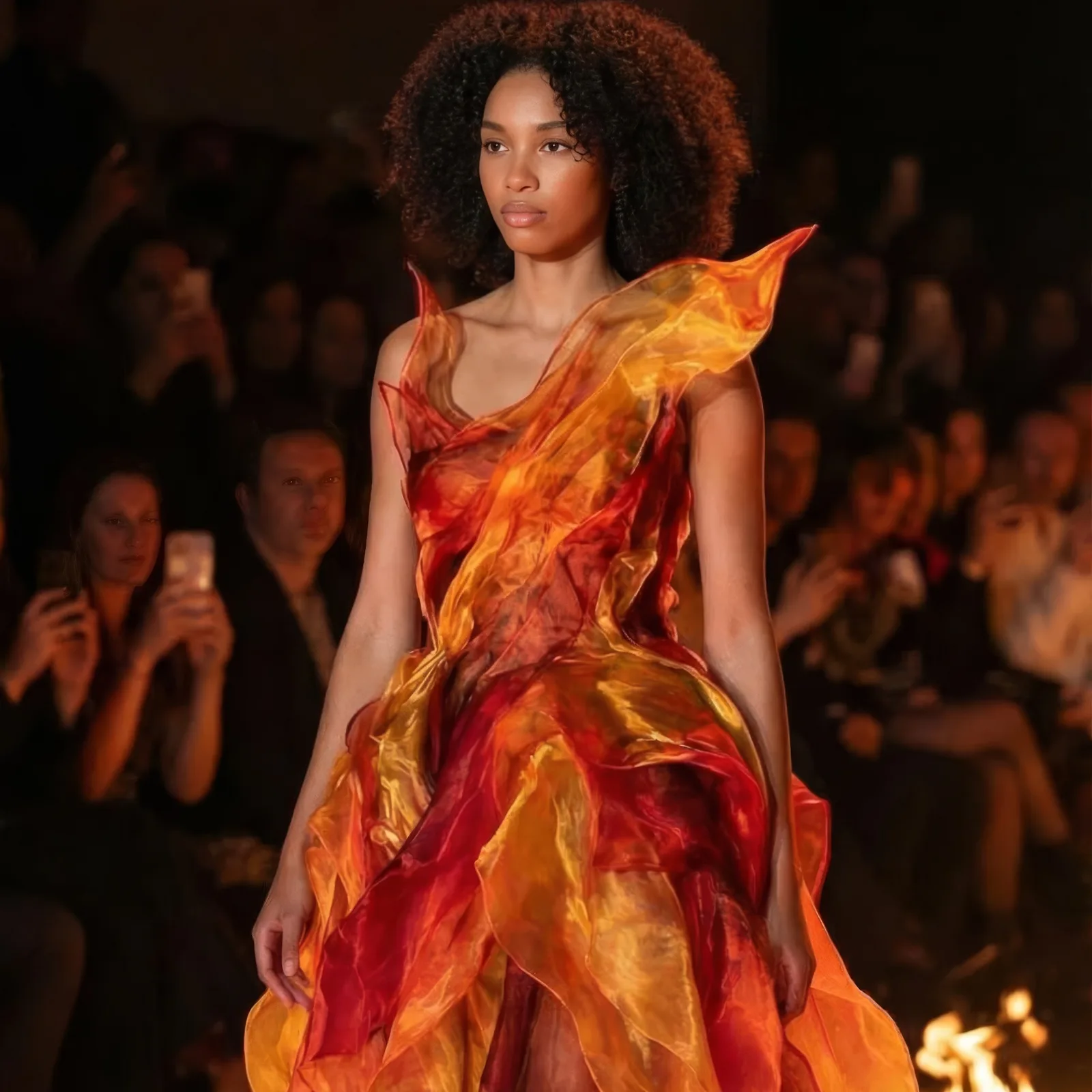 Model walking the runway in a flame like gown of red and orange organza ruffles